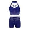 Dívčí gymnastický taneční set Bez rukávů Křížení vpředu Třpytivý crop top s kamínky Elastické šortky v pase