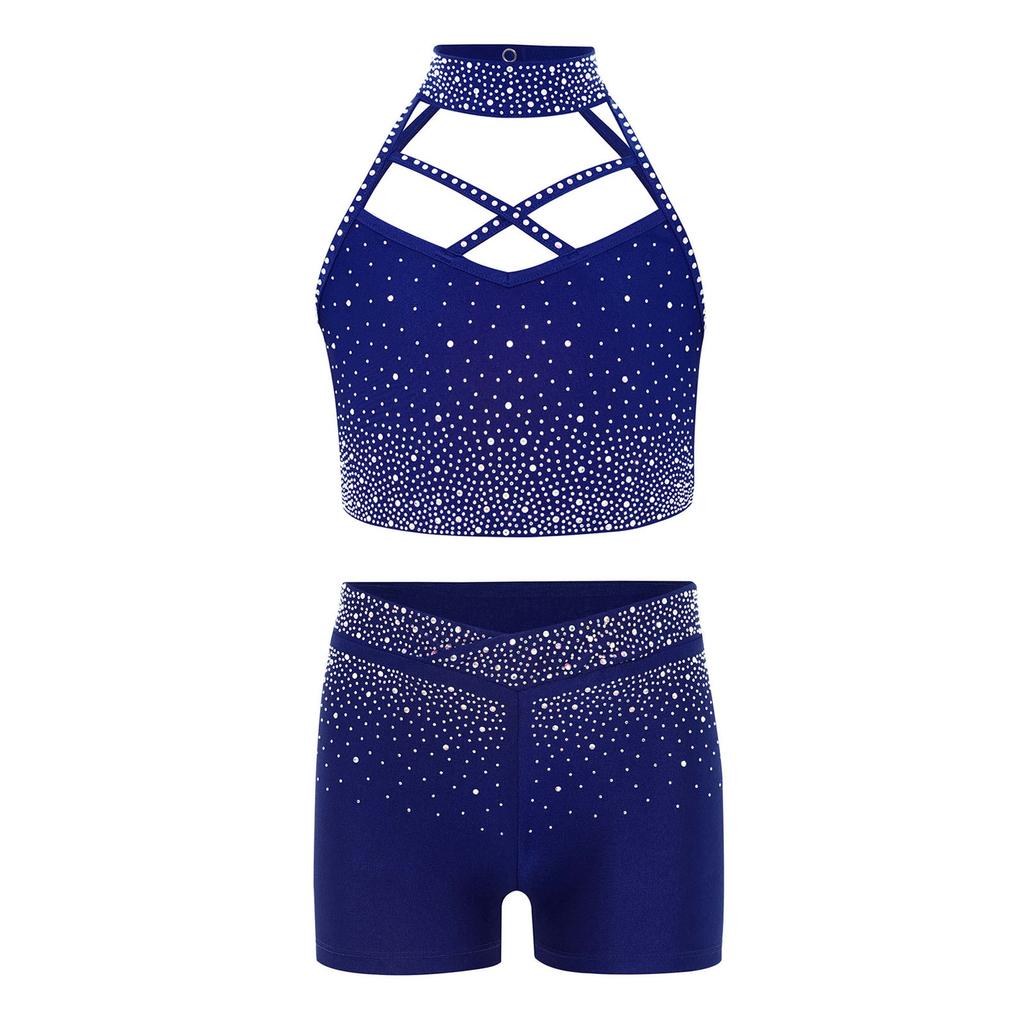 Dívčí gymnastický taneční set Bez rukávů Křížení vpředu Třpytivý crop top s kamínky Elastické šortky v pase