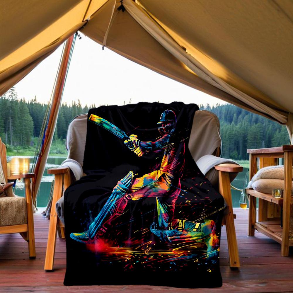 1pc Cricket Batting Flannel Blanket, Comfortable and Warm Blanket, for Camping Sofa Bed and Couch Office034