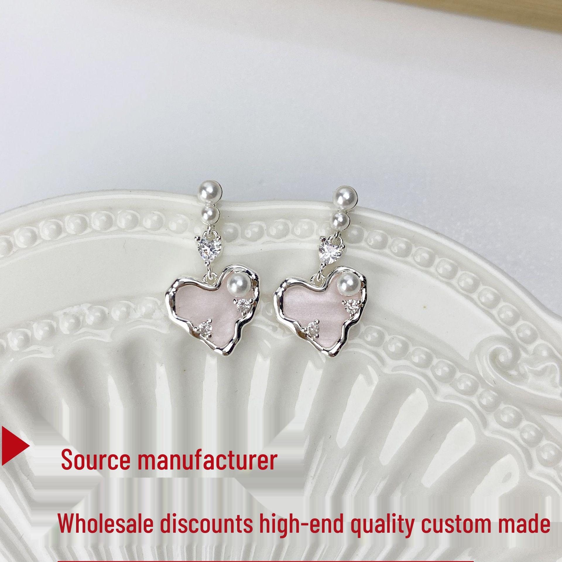 S925 Silver Needle Pink Heart Earrings - Gold Plated Brass with Drip Oil, Zircon, and Pearl Accents. Cute and Sweet Studs.