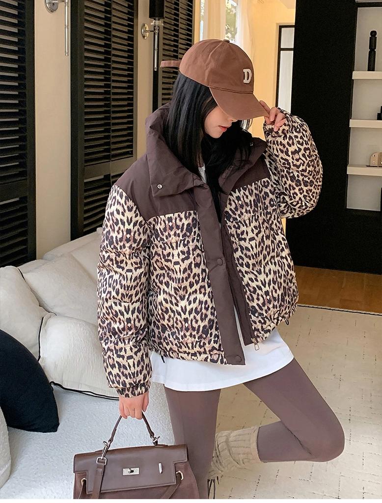 Abrigo Corto Estampado con Cuello Alto y Acolchado Grueso de Algodón Chaqueta de Invierno