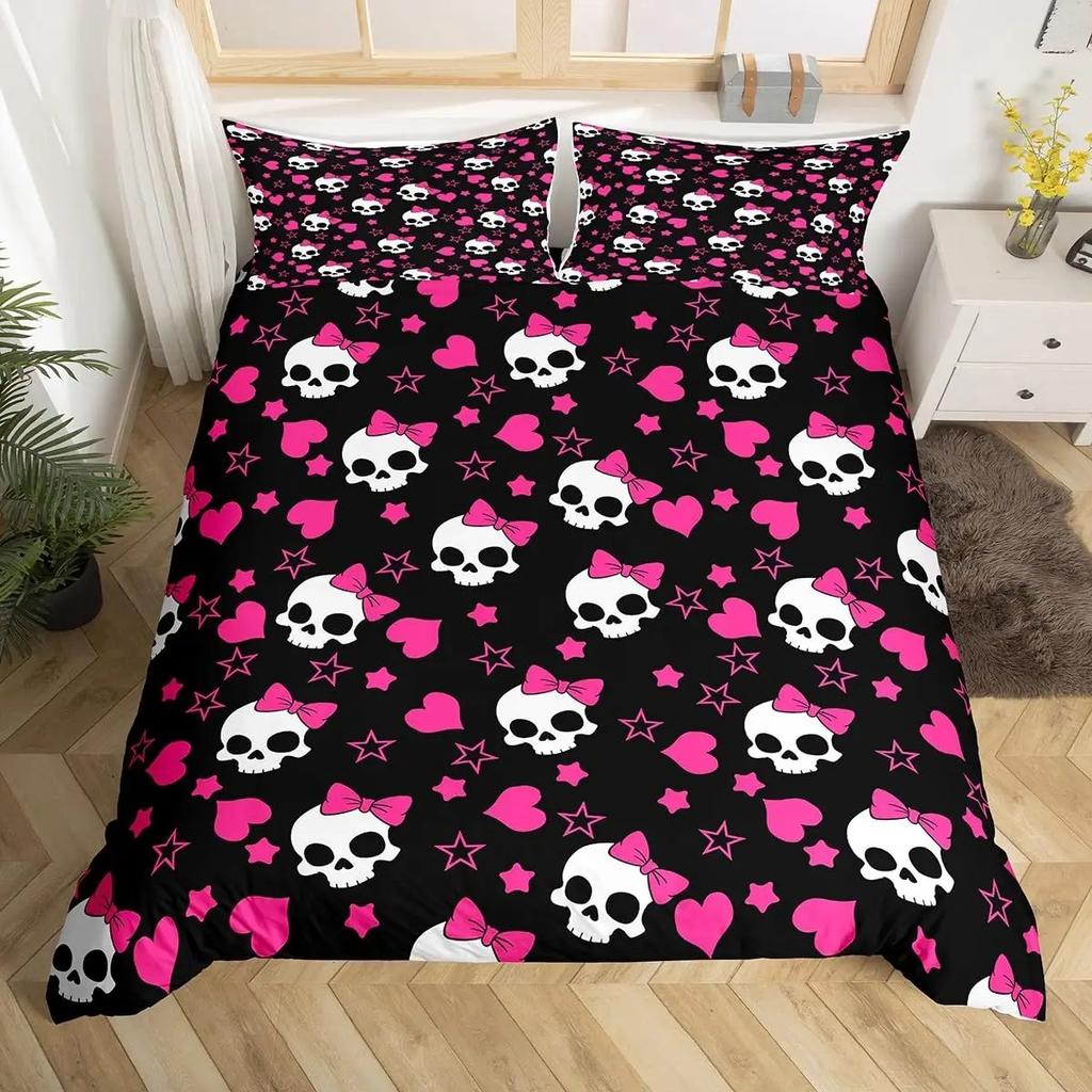 Ložní souprava Sugar Skull Queen Povlak na přikrývku s kostrou pro chlapce dívky teenagery Růžový povlak na přikrývku s mašlí Halloweenský motiv Povlak na prošívanou deku