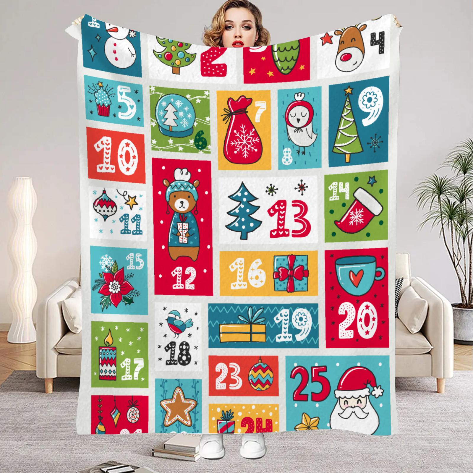 

1PC Santa Claus Printed Flannel Blanket Merry Christmas Grid Number Home Living Room Decor New Year Christmas Gift 30x40in