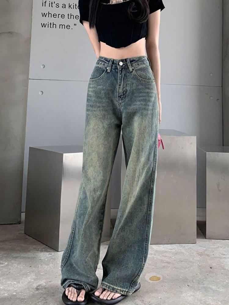 2000s Vintage Lengthen Straight Jeans Women Chic Korean High Waist Washed Denim Pants Female Elegant Streetwear Loose Wide Leg Trousers