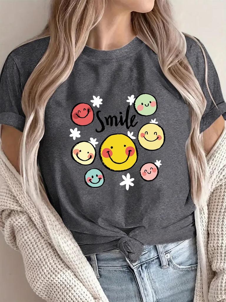 Women Smile Face Print T-Shirt Cute Cartoon Graphic Tee Crewneck Short Sleeve Casual Summer Tops Yellow Summer Tees