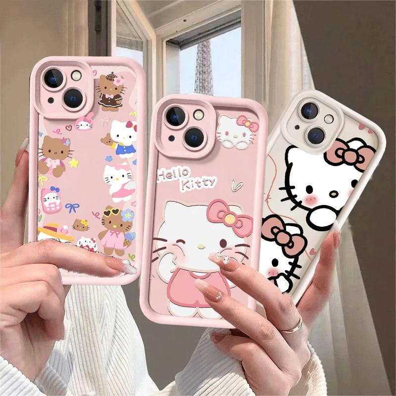 Pink Cartoon Hello Kitty Phone Case For Iphone 17 16 Pro Max 17 Air 16e 15 14 13 12 11 Pro Max 14 15 16 Plus INS Silicone Cover
