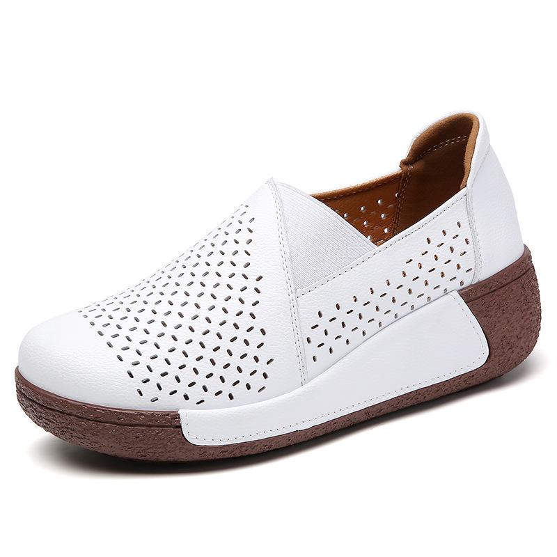 Waterproof Women's Casual Walking Shoes Wedge Heels Genuine Leather Platform Shoes Ladies Rocker Shoes