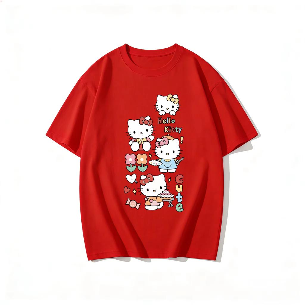 2026 Hello Kitty Cartoon Printed Short Sleeve Summer Comfortable summer Womens Tshirt loose and fashionable