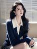 2025 Women's Blue & White Faux Mink Fur Patchwork Long Sleeve Sweater - Soft & Fluffy Korean Style for Autumn/Winter