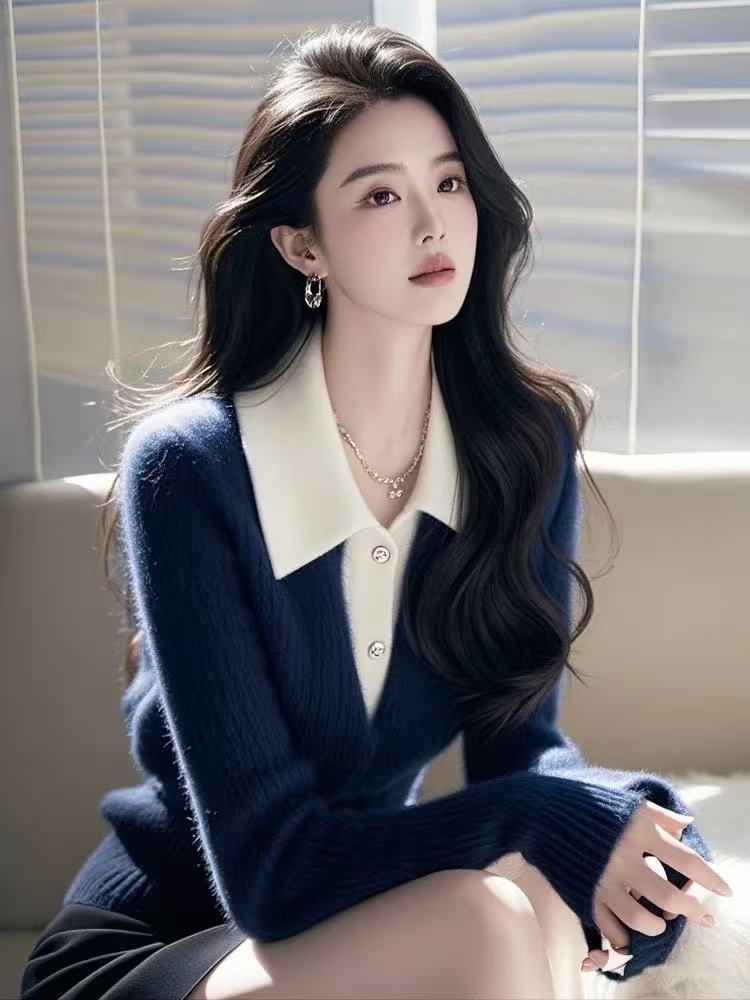 2025 Women's Blue & White Faux Mink Fur Patchwork Long Sleeve Sweater - Soft & Fluffy Korean Style for Autumn/Winter