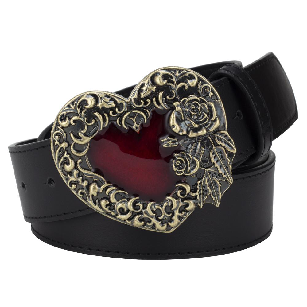 Fashion Belt Love Heart Metal Buckle Red Heart Rose Flower Design Punk Rock Belts Women Decorative Waistband Hip Hop