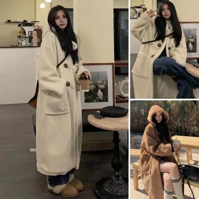 Women Winter Coat with Hood Thick Fleece Pure Color Horn Button Closure Long Sleeves Mid Length Cold-proof Outerwear School Outdoor Jacket