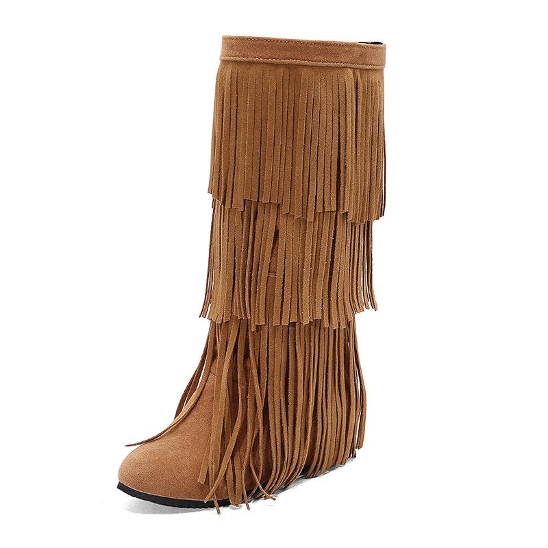 Plus Size Frosted Suede Material Three Sections Of Tassels Fine Stripes Flat Bottomed Sloping Heels Retro Midsole Boots