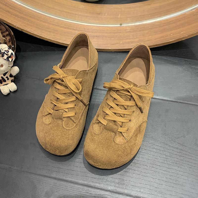 Fashion Suede Front Lace-up Flat Shoes Autumn New Round Toe Deep Mouth Non-slip Wear-resistant Single Shoes