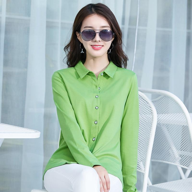 Women‘s Turn Down Collar Long Sleeve Slim Fit Shirt Cotton Solid Casual Top