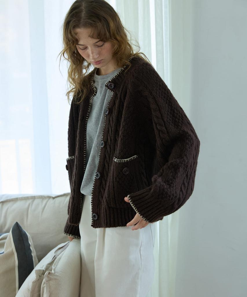 OPENDOORSTUDIO Whipstitch Cable Cardigan Brown