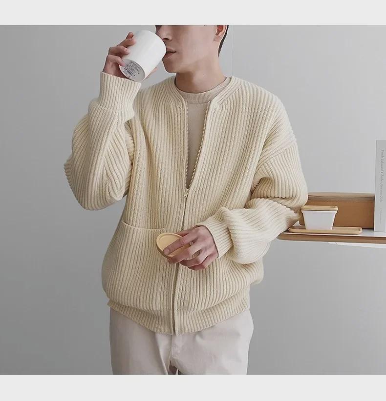 Men's Round Neck Solid Color Knitted Cardigan - 2023 Casual Autumn/Winter Fashion, All-Match, Large Size Trendy Jacket