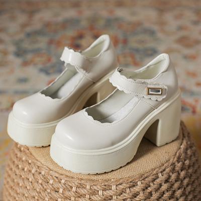 Kleine Lederschuhe Damen Frühling und Herbst neue Plateau Muffin cm Mary Jane dicker Absatz hohe Absätze einzelne Schuhe