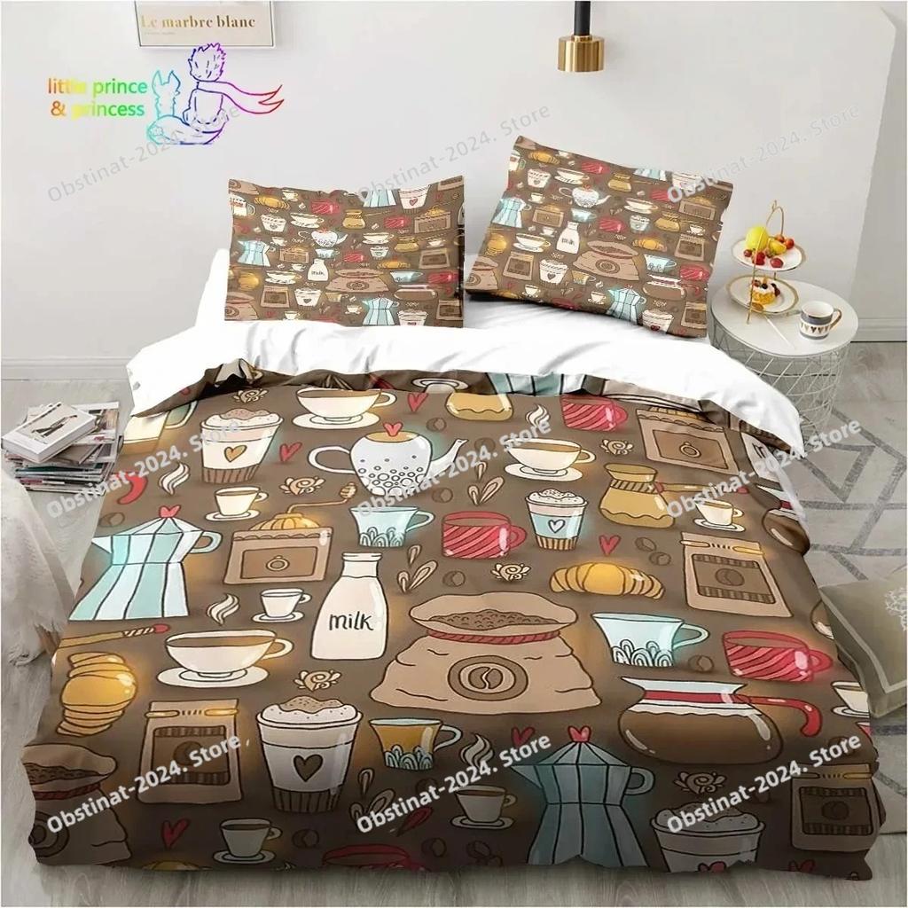 Coffee Pattern Bedding Set Printed Duvet Cover Sheet Pillowcase Bed Soft Quilt Cover Full Queen King Size Adult Kid Bedroom Gift