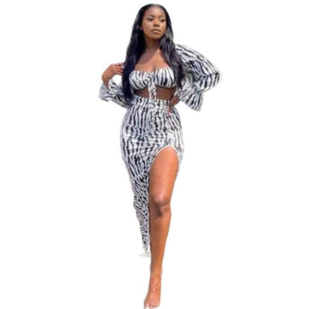 European and American Sexy Women's Clothing Zebra Pattern Tube Top Short Top Female African Hottie Fashion Split Half-length Dress Set