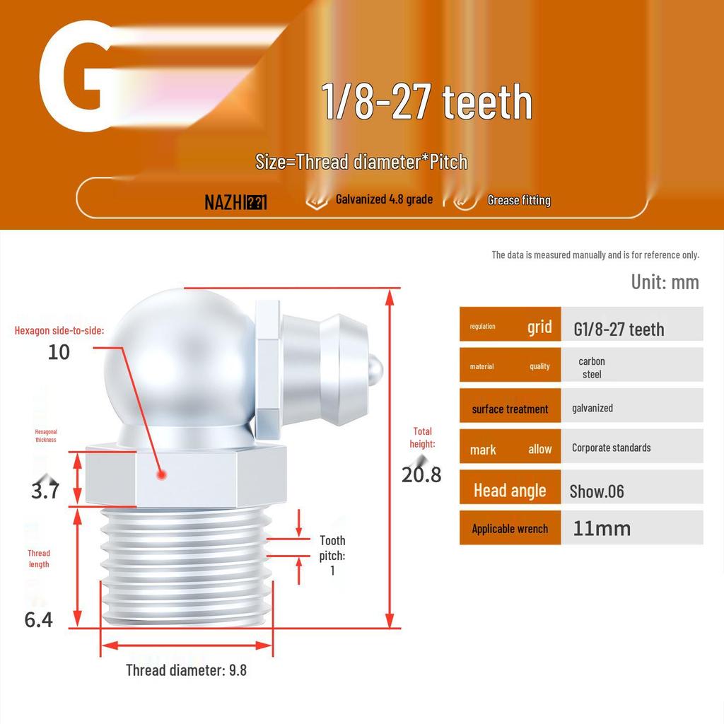 Nickel-Plated Iron Bent Grease Nipple Grease Gun Head M6-M14 G1/8