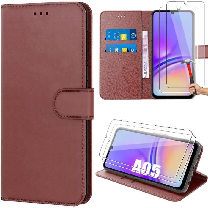 Coque - Samsung - Galaxy A05 - Antichoc - Cuir Marron - Porte-Cartes + 2 Verres Trempés