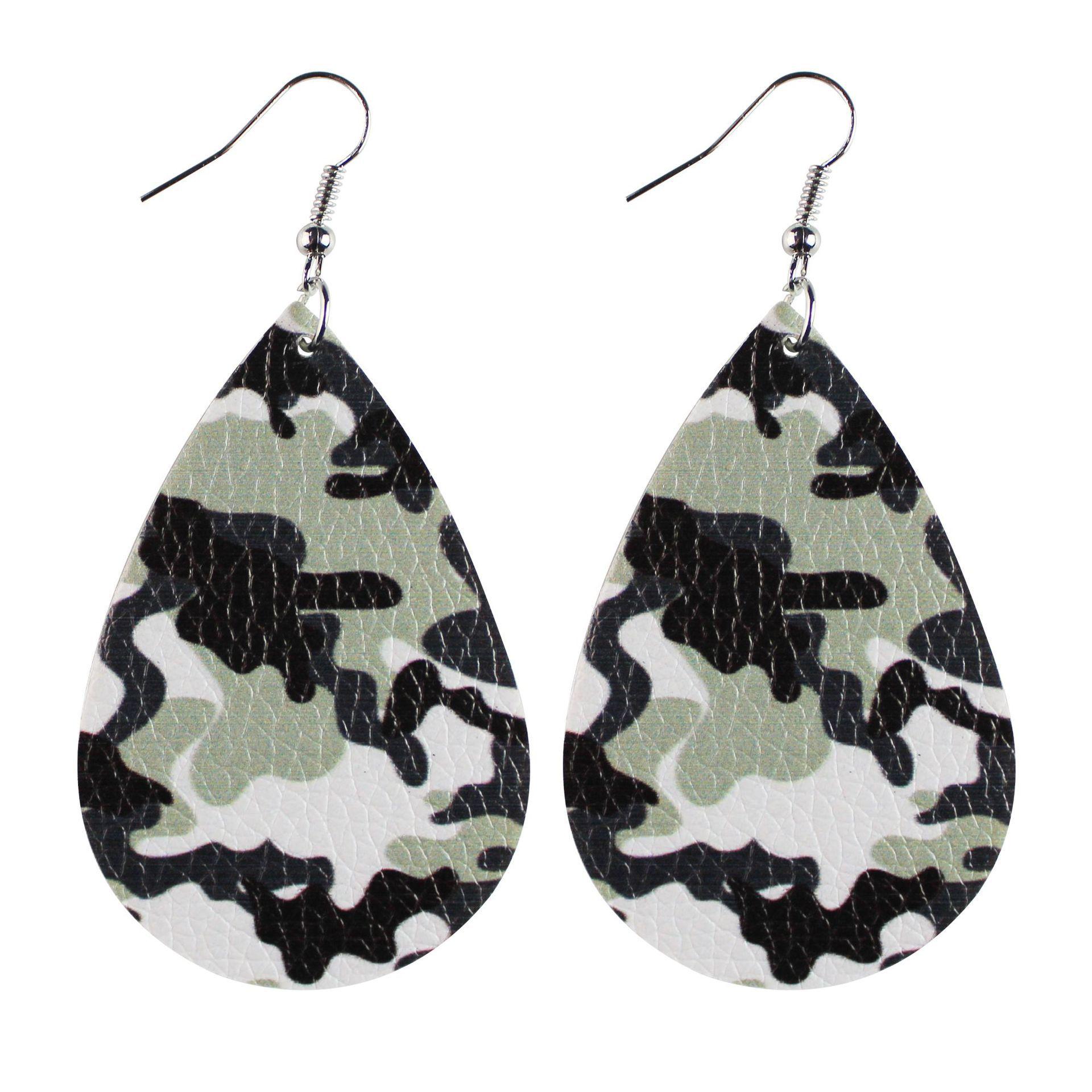 

Army Green Camouflage Pu Leather Earrings Water Drop Shape Double-Sided Printing For