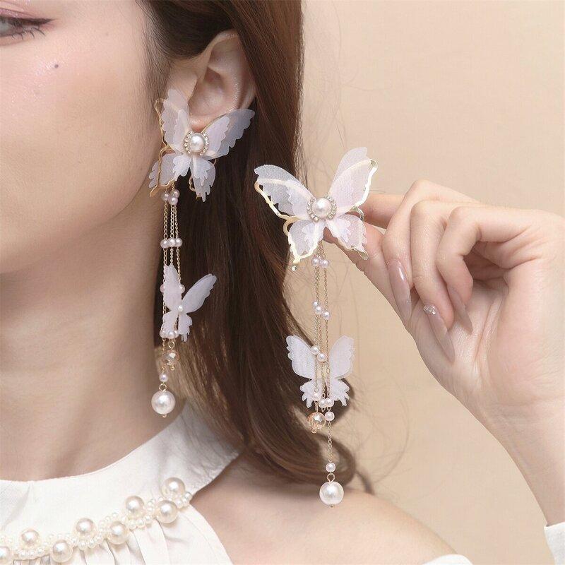 New Elegant Fairy Chiffon Buterfly Tassel Earrings For Women Fashion Imitation Pearl Dangle Drop Earrings Party Wedding Jewelry Gifts