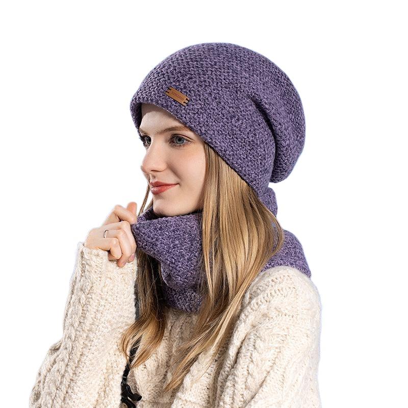 Women's Knitted Hat Winter European and American Warm Hat Scarf Set Fleece Ear Protector Pullover Wool Hat