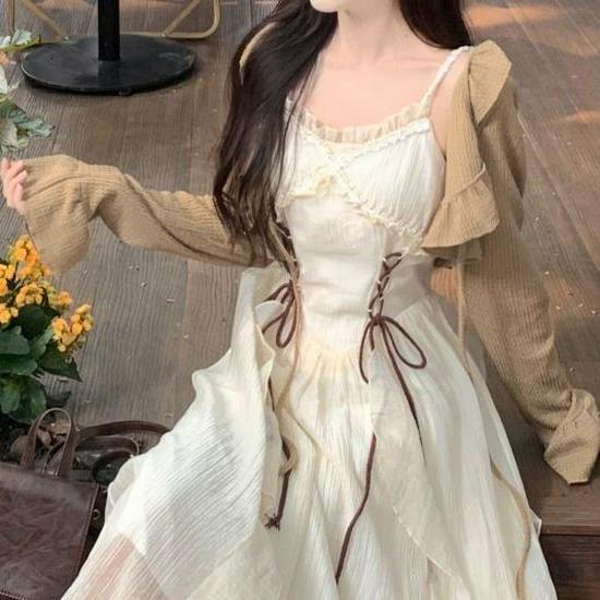 2026 Summer Chinese Style Qipao Ruffle Blouse & Camisole Dress Two-Piece Set for Women