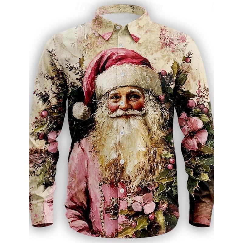 Christmas Santa Claus Casual Men's Button Up Shirt Long Sleeve Christmas theme Shirt Collar Button Up 3D Print Thin Polyester