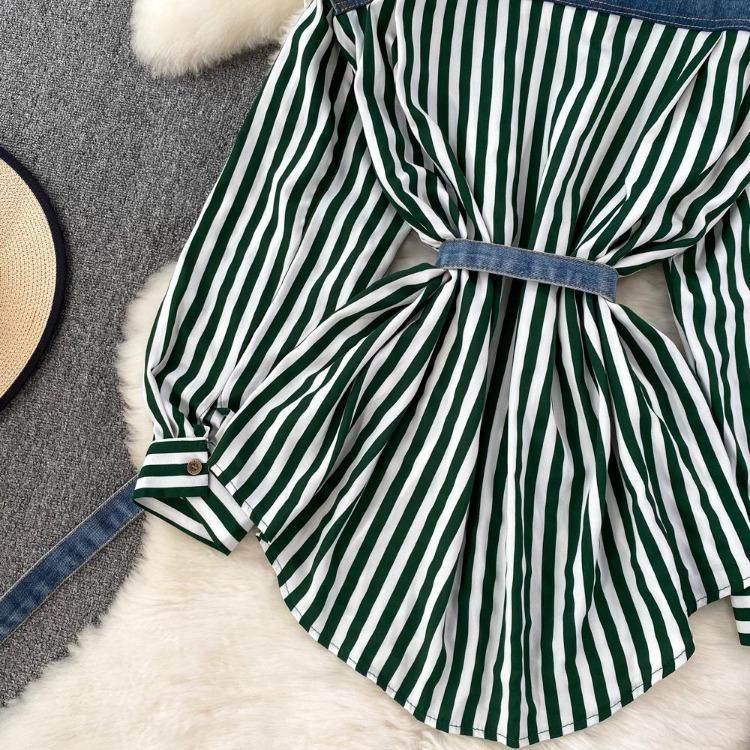 Korean Retro Women Denim Vest Shirt Spring Autumn Casual Loose Irregular Stitching Striped Fake Two