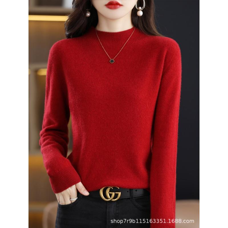 Autumn and winter new pure wool sweater women's semi-turtleneck first-line ready-to-wear wool sweater knitted sweater loose and thin bottoming shirt