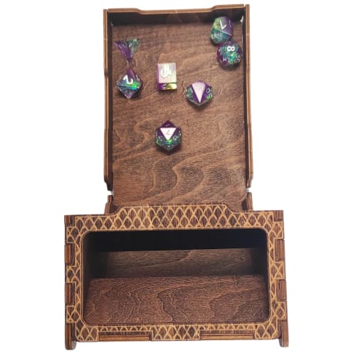 FOXBITE Dungeons and Dragons Dice Tower - Wooden Laser-Etched DND Dice Scroll with Portable Folding Tray