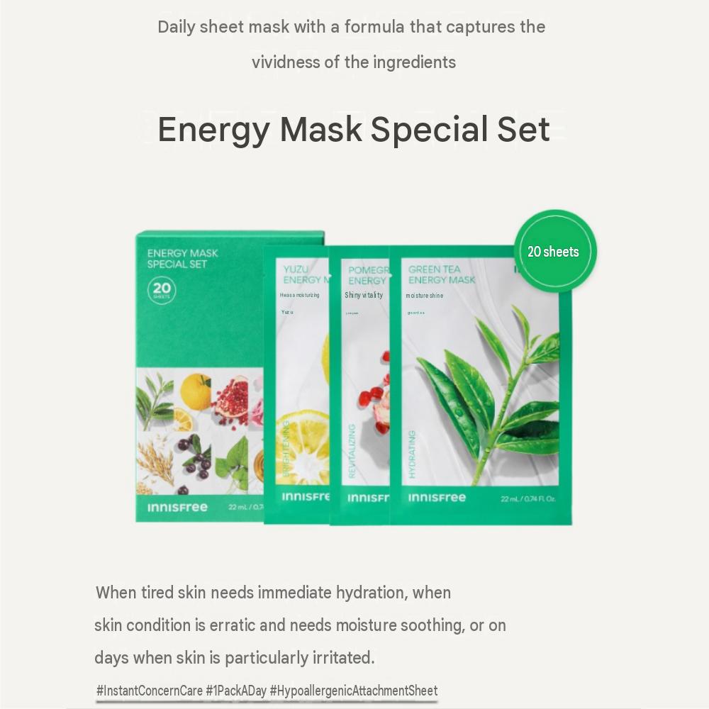 innisfree Energy Mask Special Set 20 Sheets [10 Types x 2pcs] Daily Hydrating & Soothing Facial Sheet Mask Pack