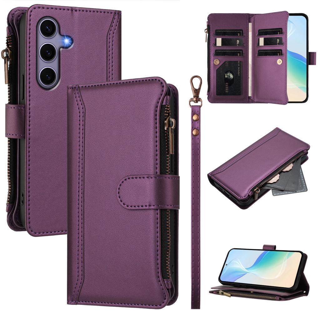 For Samsung Galaxy S24/Galaxy S25 Leather Case 9 Card Slots Zipper Wallet Stand Phone Cover with Wrist Strap