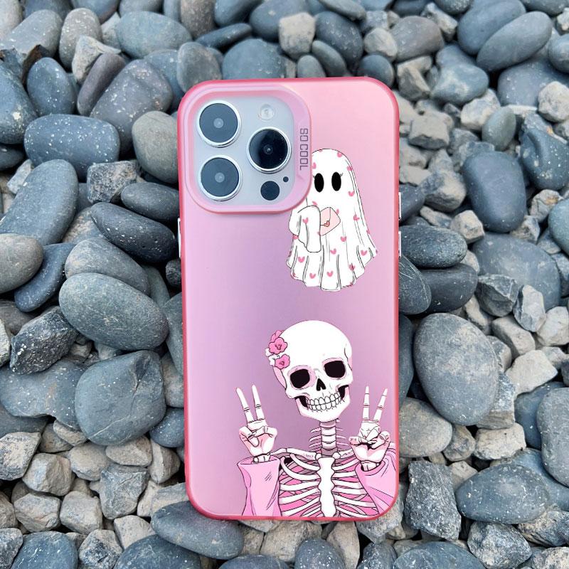 Fashion Pink Skeleton Ghost Laser Phone Case for iPhone 16 12 13 Mini 11 Pro Max 14 15 Pro Max 16 15 14 Plus Shockproof Covers