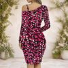 Women Plus Size Chain Strap One Shoulder Long Sleeve White Purple Printed Asymmetrical Hem Bodycon Dress