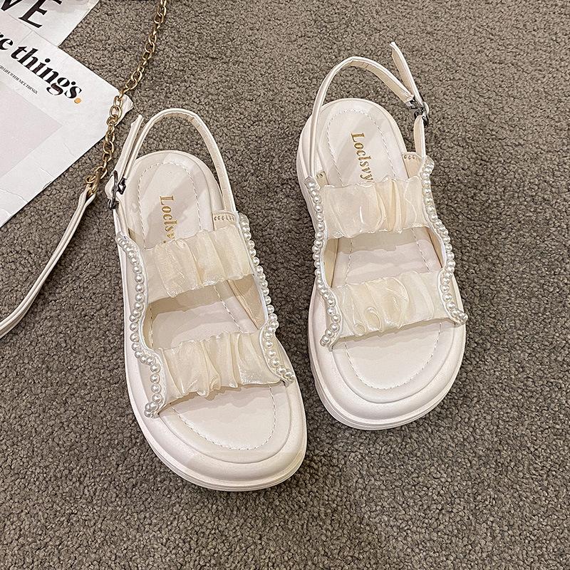 2025 Popular Sandals New Fashion Fairy Word with Sandals Pearl Outer Wear Soft-soled Casual Women's Shoes