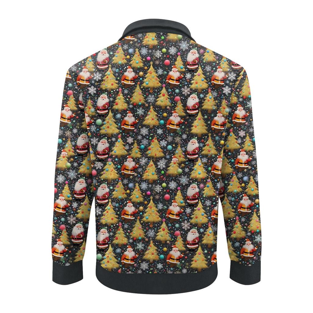 Men's Christmas Cotton Pullover Long Sleeve Outdoor Shirt Vintage Corduroy Button Stand Collar Shirt Casual Sweatshirt Christmas Print Top