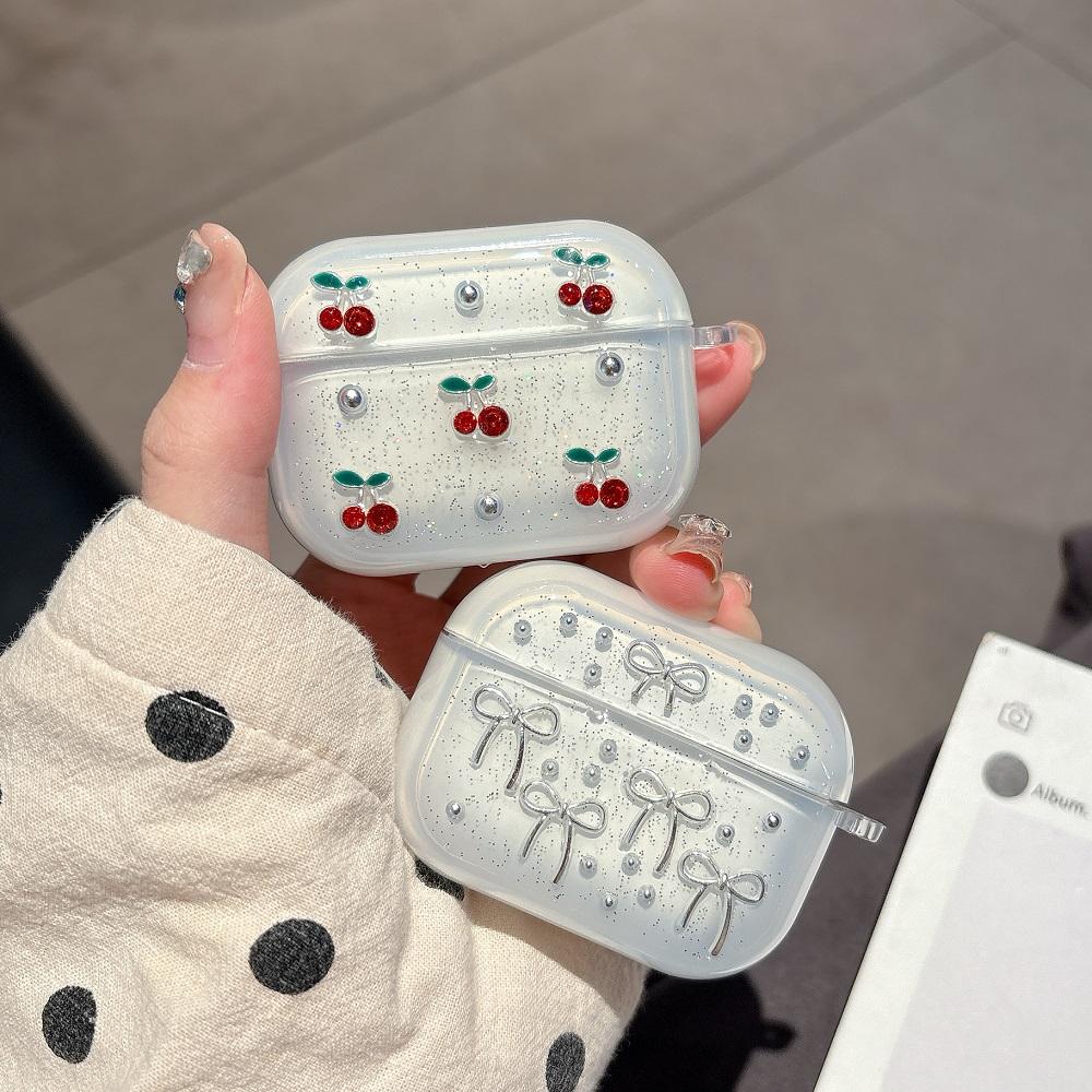 Cute 3D Cherry Bowknot Epoxy Earphone Case for AirPods 2 3 4 Pro Pro2 Wireless Bluetooth Headphone Box Shockproof Protect Cover