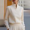 Split Neck Long Sleeve Blouse Women Elegant Stand Collar Office Lady Shirts Loose Shirt Women Spring Autumn Casual Pullovers