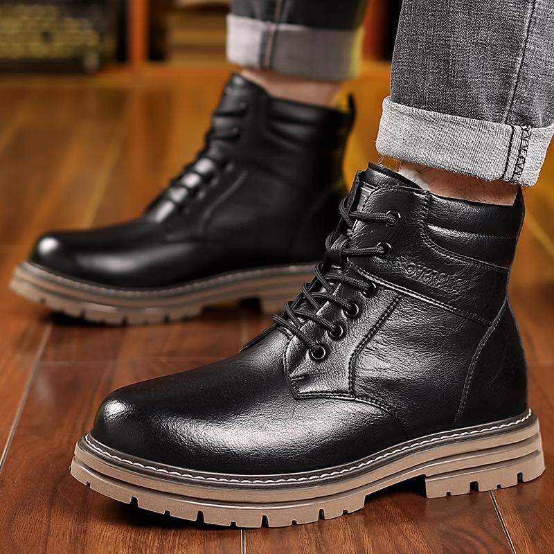 Men's soft elastic leather waterproof winter warm cold padded wool snow boots thick bottom non-slip wear outdoor leisure sports Martin cotton boots