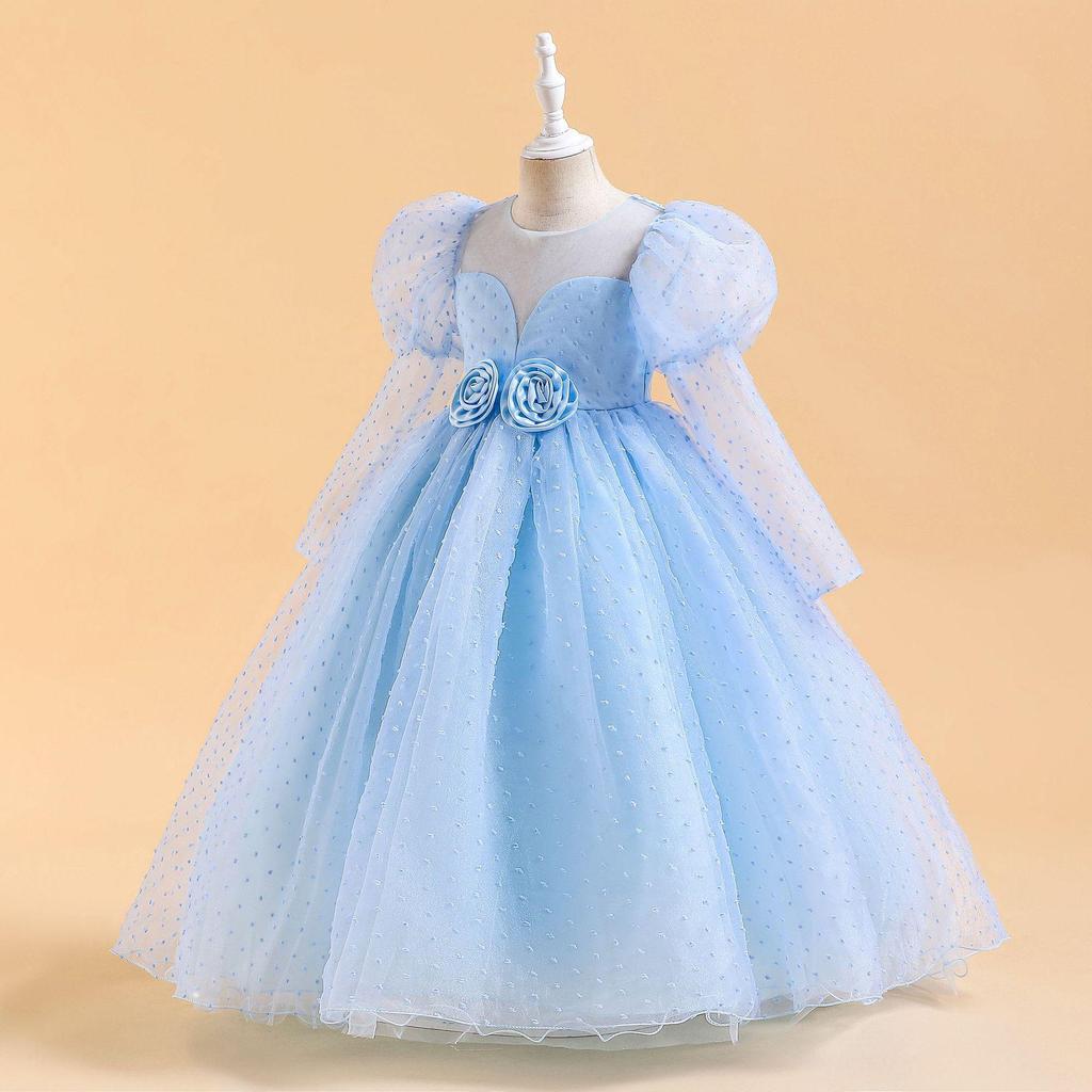 4-14 Years Girls Stereo Flower Gigot Sleeve Tie Back Mesh Party Sequins Bridesmaid Wedding Floral Plain Dress 2023