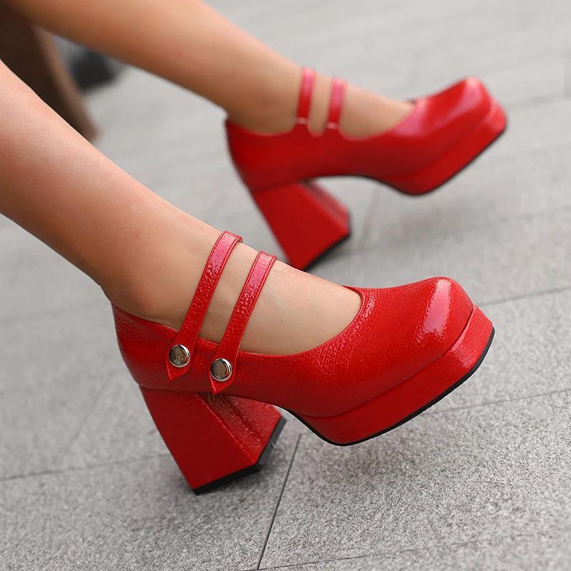 Plus Size Double Row Metal Buttons Ultra-High Thick Heels Korean Style High Heels Square Toe Platform Breathable Hollow Pumps