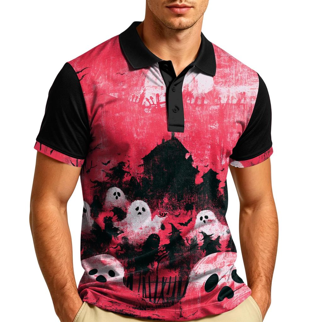 Men's Halloween Short Sleeve Casual Shirt with Turn Down Collar