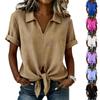 Women's Linen Blend Casual Shirt Short Sleeve Tie Front Blouse V Neck Collar Relaxed Fit Summer Top
