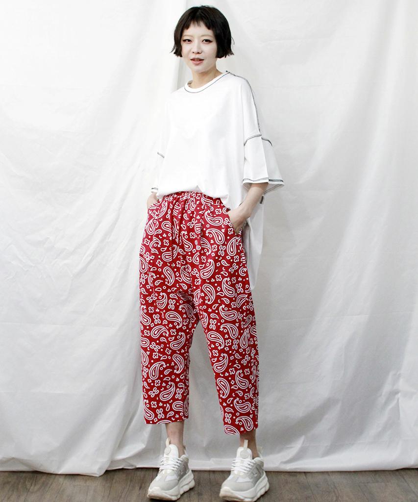 Deumakeu Circle Paisley Straight Baggy Fit Pants Burgundy
