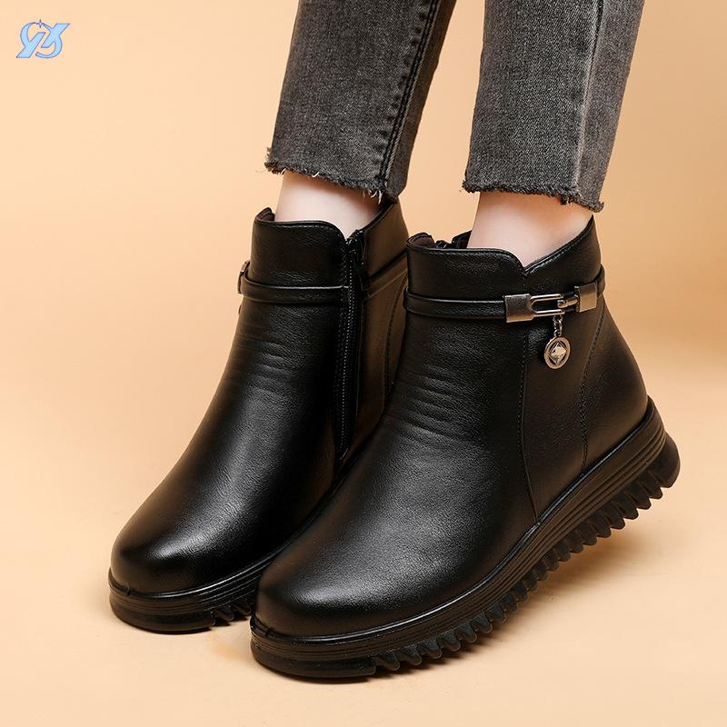 Microfiber leather mother cotton shoes winter velvet warm medium women's flat short non-slip human side zipper