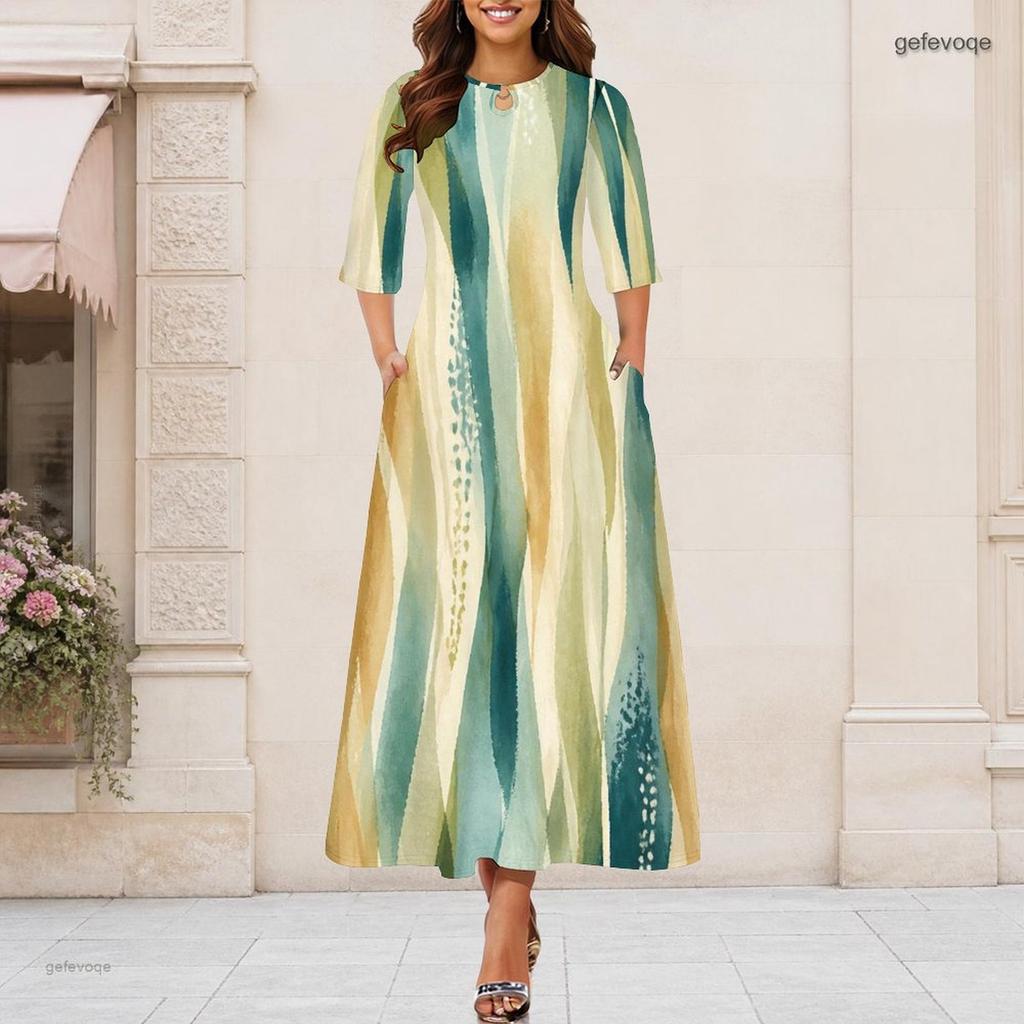 Women Plus Size Round Neck Keyhole 3 4 Sleeve Long Dress Watercolor Striped Print Green Yellow